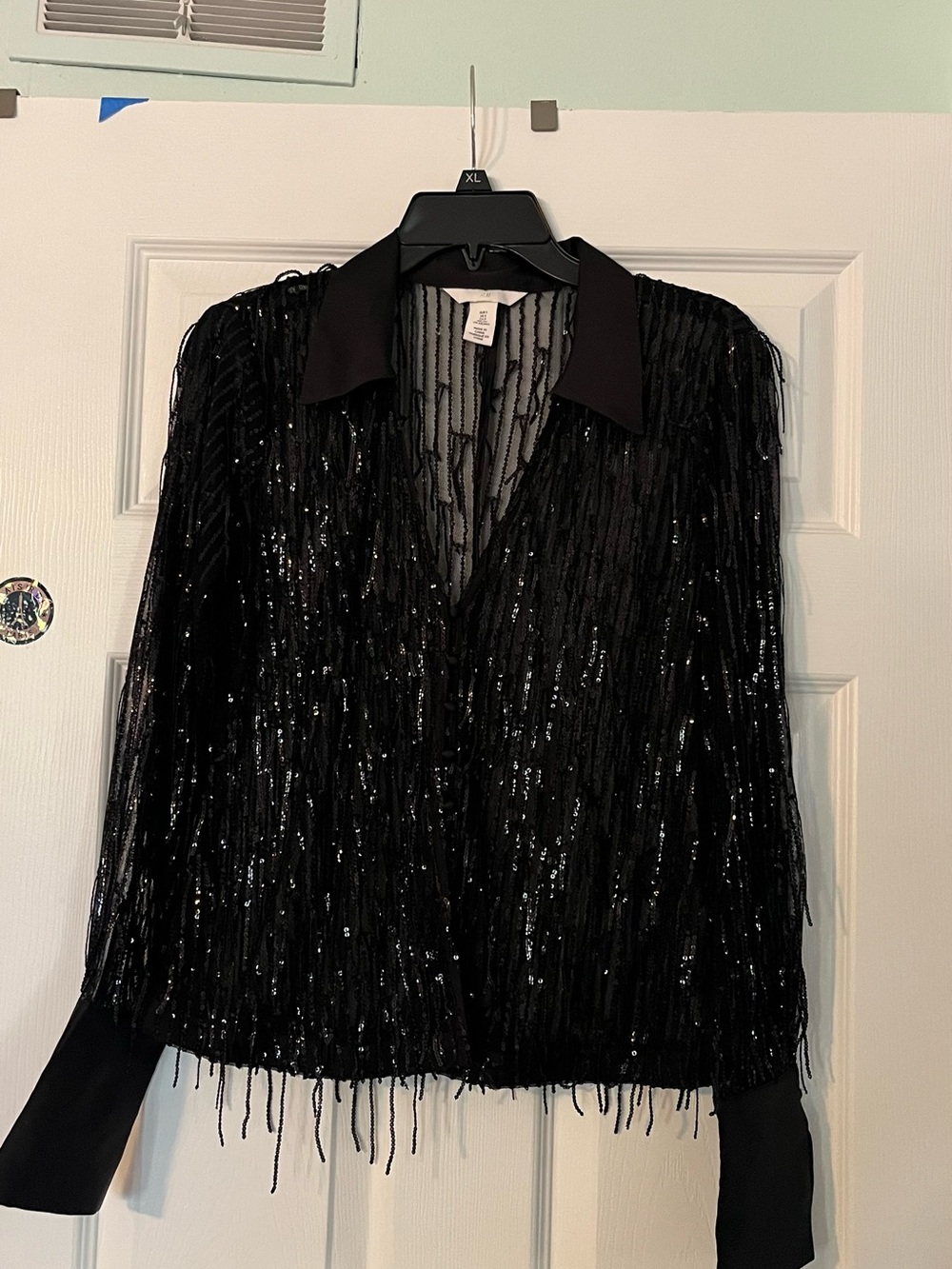 H&M Black Sequin Fringe V-Neck Blouse